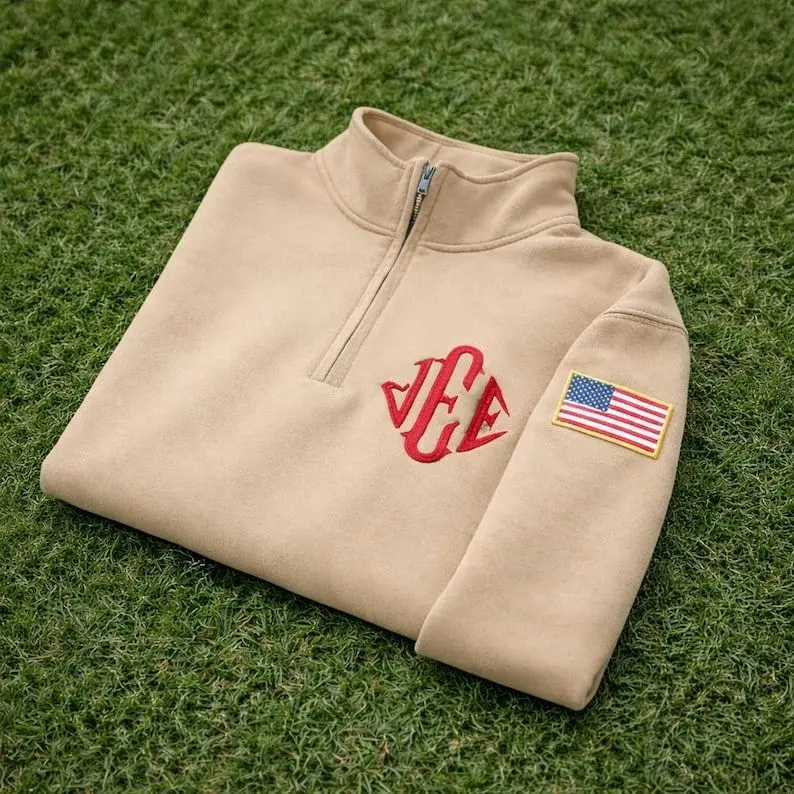 Unisex Polyester Quarter-Zip Long Sleeve Casual Hooded Sweatshirt - Embroidered Monogram Customizable Yarn Garment, Menswear Casual Top, Meme Gift