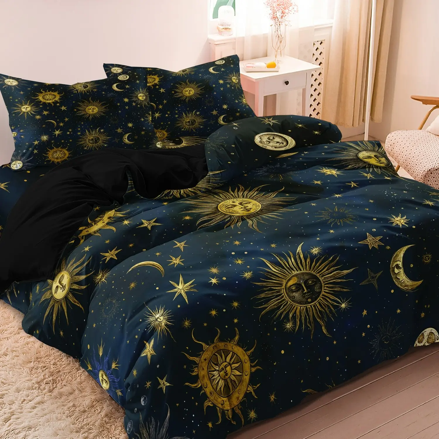 Sun & Moon  Pattern Duvet Cover Set, 3 Counts/set Including 1 Duvet Cover & 2 Pillowcases without Filler, Soft Comfortable Cozy Bedding Set for Home Bedroom