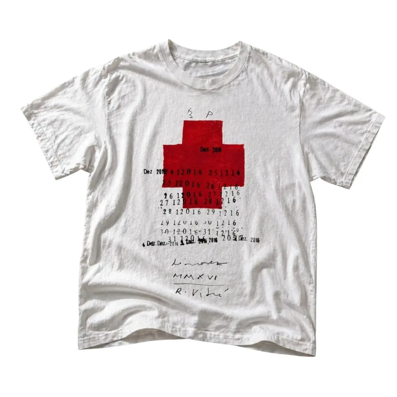 Avant-Garde Red Cross Graphic Tee, Typographic Date Stamp Shirt, Conceptual Art T-Shirt, MMXVI Calendar Tee, Grunge Archive Fashion Clothing, Minimalist Medical Cross Shirt, Unisex White Tee