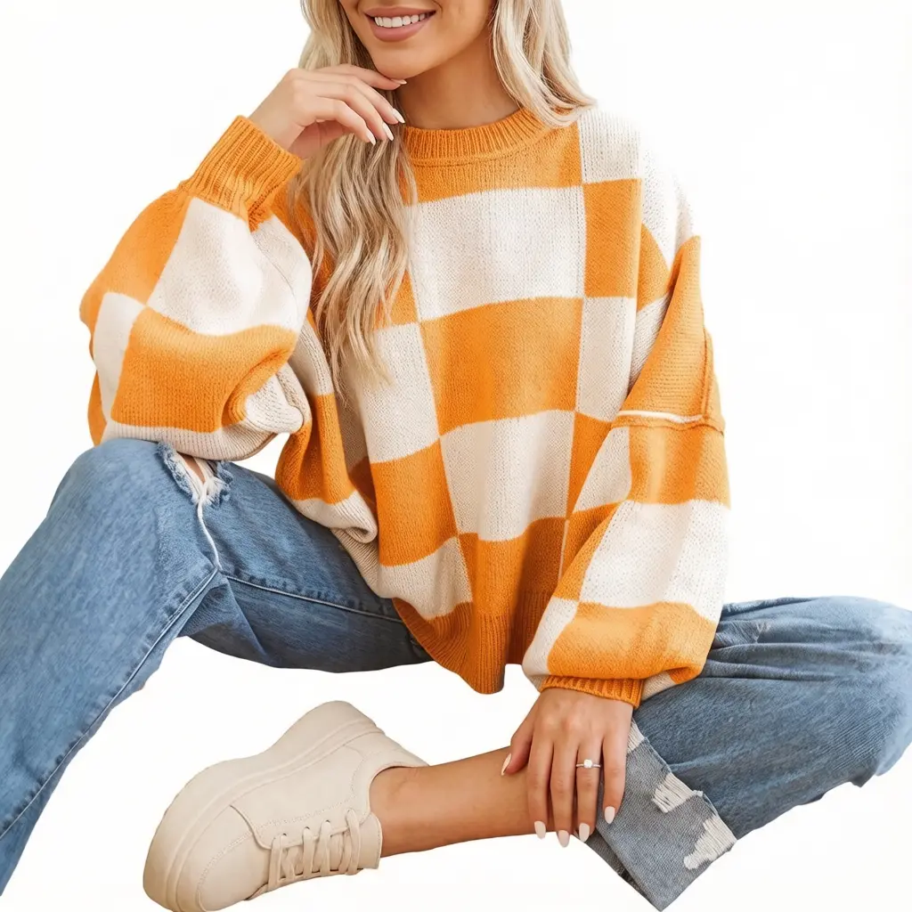 Asvivid Women's Loose Plaid Knitwear, Casual Drop Shoulder Long Sleeve Knit Pullover Top for Fall, Halloween