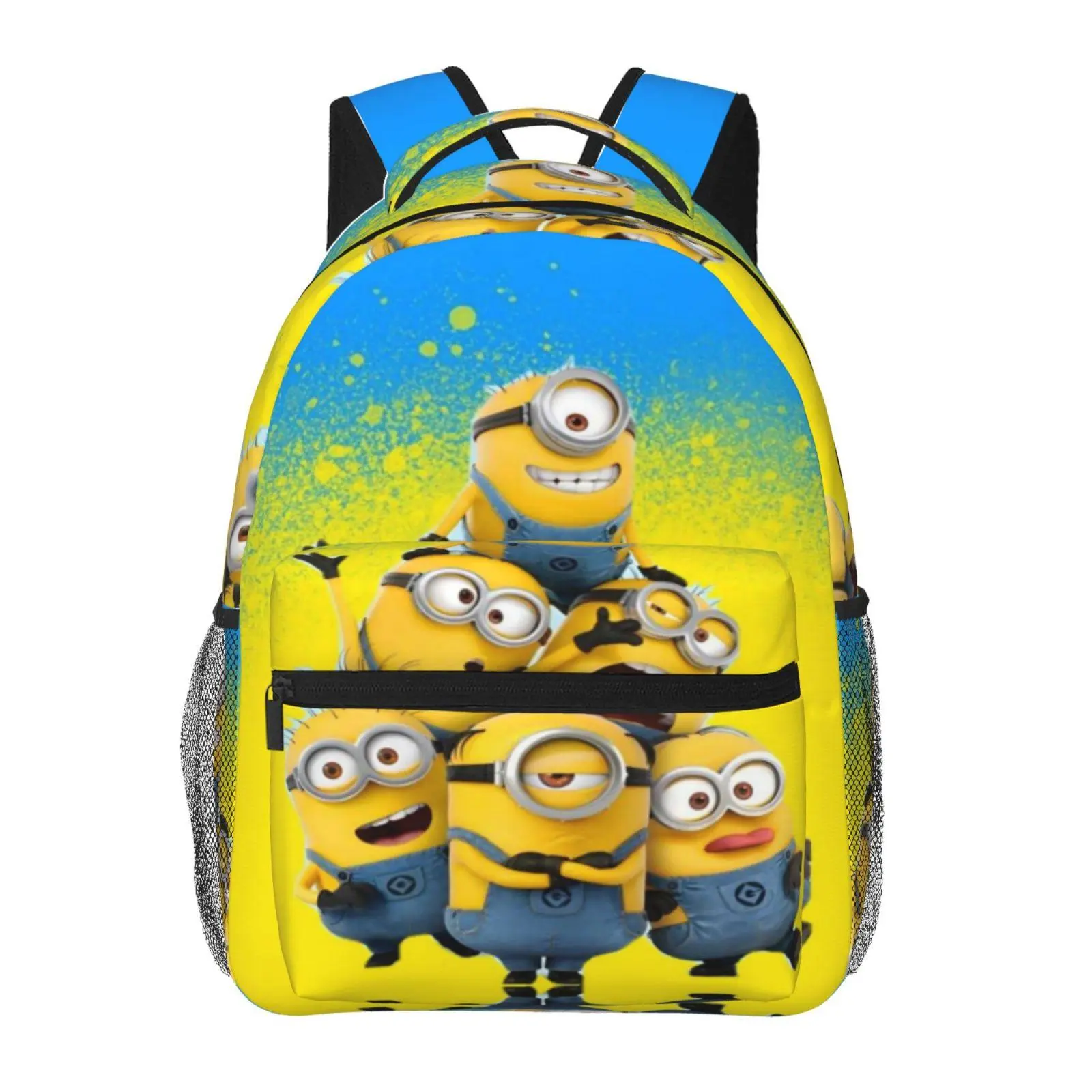 Cute kids’ back-to-school Minions backpack — large capacity, all-over print; Minions laptop daypack for campus daily use; durable, lightweight Minions school bag for teens and students