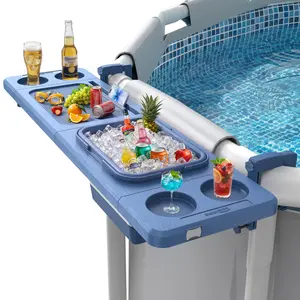 Poolside Bar with Ice Bucket, Poolside Bar Table with Adjustable Support Bracket Fits Above-ground Pools, Swim Up Bars Up to 110lbs, Patio Poolside Table Smart Fold ＆Weather Resistant Stable Tabletop