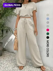 Women's Solid Color Top & Wide Leg Pants Two-piece Set, Casual Round Neck Top & Elastic Waist Drawstring Trousers for Summer, Ladies Clothes for Daily Wear, Womenswear