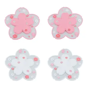 Cherry Blossom Coaster, 4PCS, Cute Cherry Blossom Pattern PVC Household Tea Cup, Pink Flower, Non-Slip, Tea Coaster Bowl Cushion Placemat for Office Desk Drink Table, Decoration