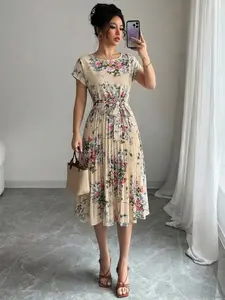 Summer New Bow Tie Round Neck Boho Chic Feminine Casual Wear Beach Vacation Floral Short Sleeve Maxi Dress, Ruffle Hem, A-Line Skirt, Women's Fashion
