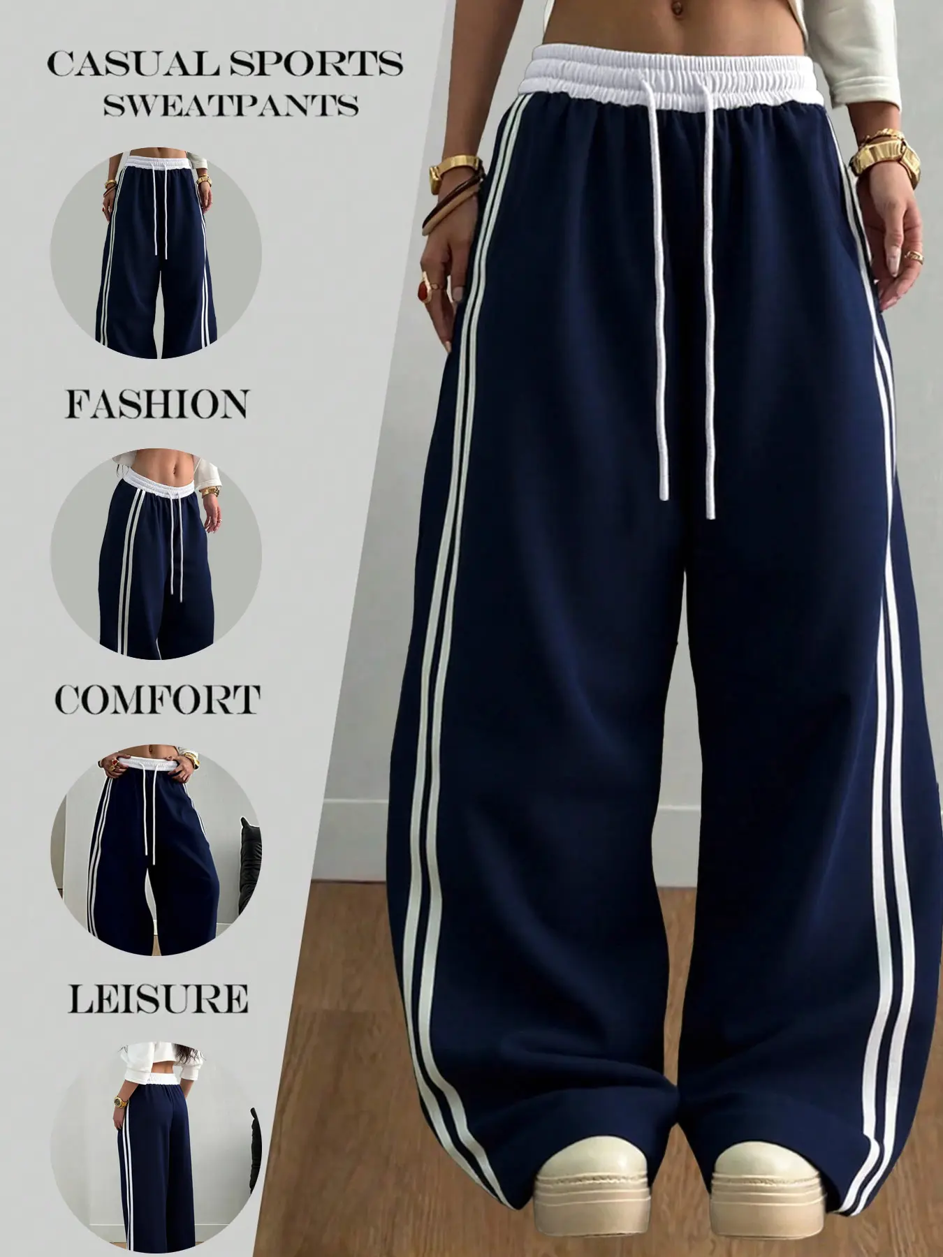 Women's High-Waist Flare Leg Sweatpants, Navy Blue with White Stripes, Casual Athleisure Pants for Streetwear Fashion and Daily Comfort, Everyday Street Pants, Casual Comfy Sweatpants, Athleisure Style Bottoms