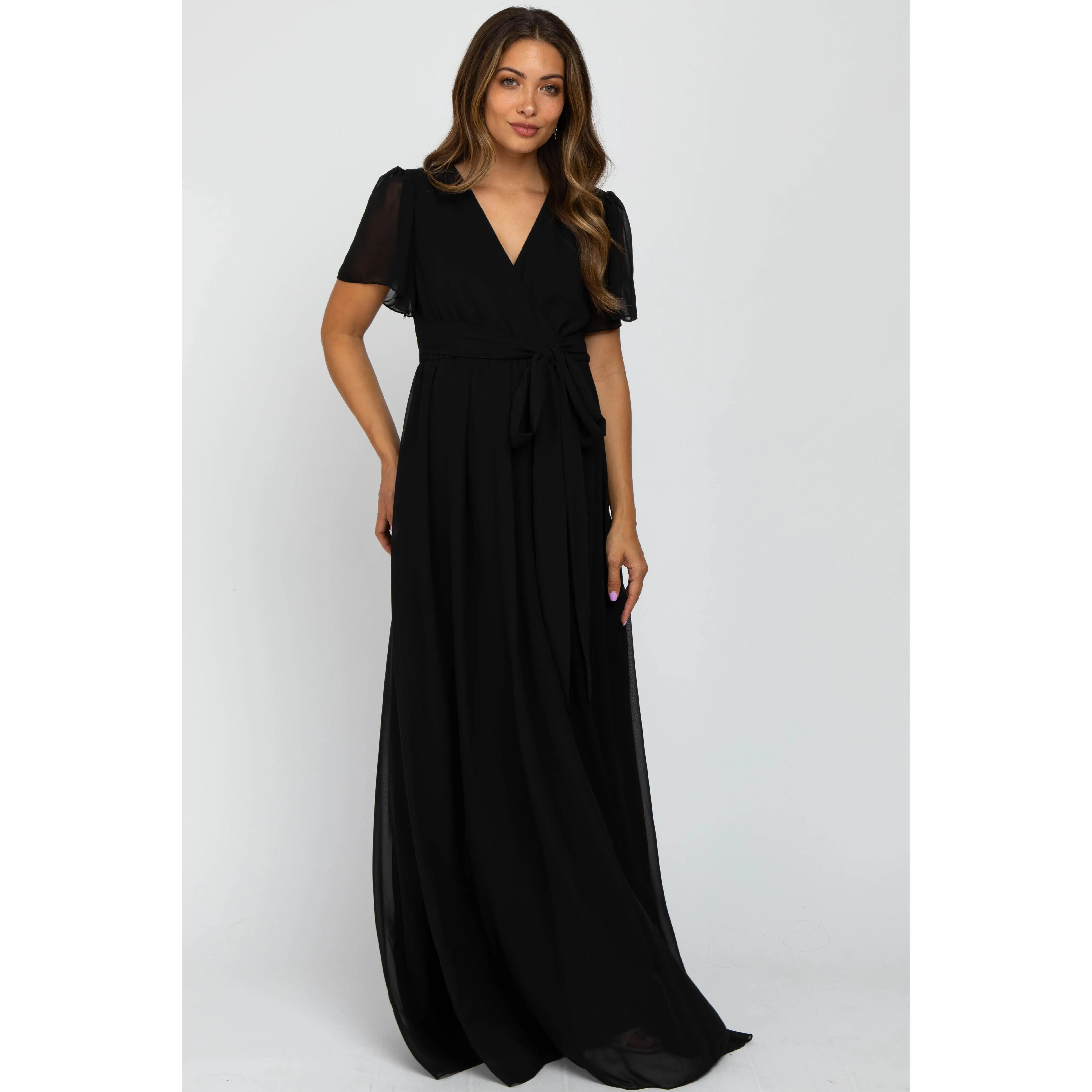 Women's Black Chiffon Short-Sleeve A-Line Loose-Fitting Maternity Maxi Dress, Pregnancy Clothes Below the Ankle