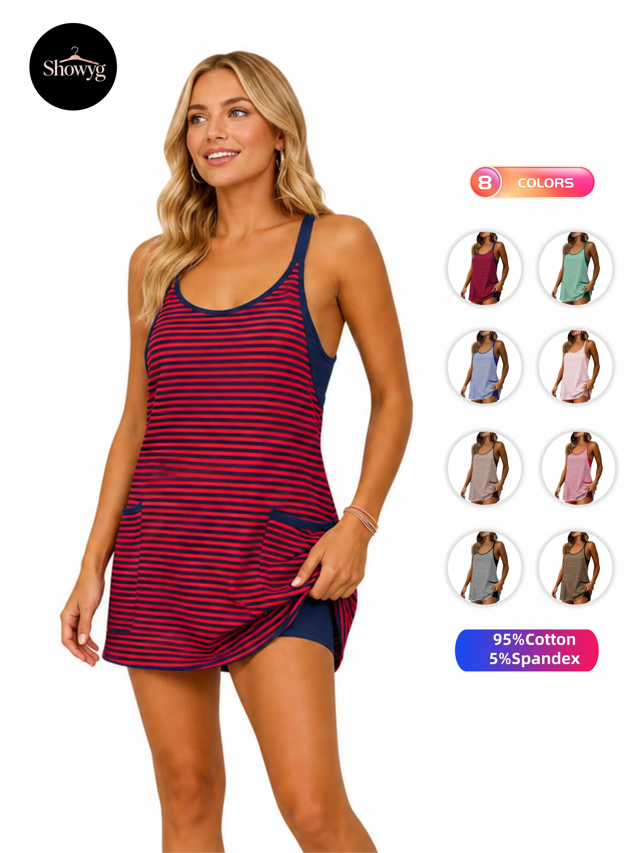 Showyg Women's Cotton Athletic Mini Dress - Chic, Loose, Striped, Spaghetti-Strap, Scoop V-Neck, Sleeveless Apparel with Built-in Anti-Chafe Liner Shorts, Side Pockets, for Workout, Beach, Athletic Dress