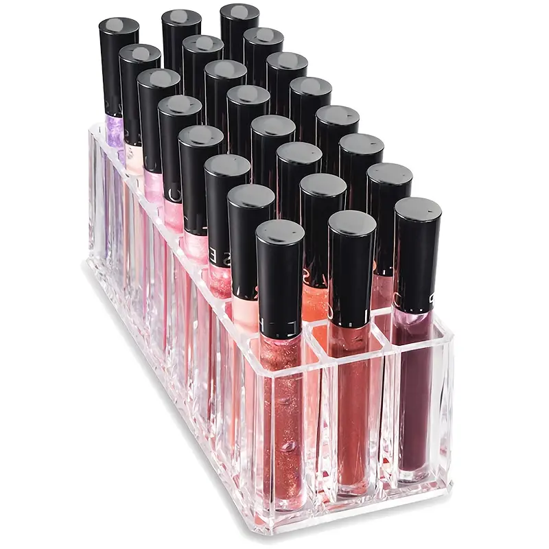 24-Slot Clear Acrylic Lipstick Organizer | Makeup Vanity Display Stand for Lip Gloss & Brushes | Cosmetic Storage Holder