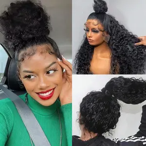 Hidden Strap Water Wave 360 Glueless Wigs Human Hair Pre Plucked 200 Density Wet and Wavy HD Full Lace Frontal Drawstring Wig 26 inch