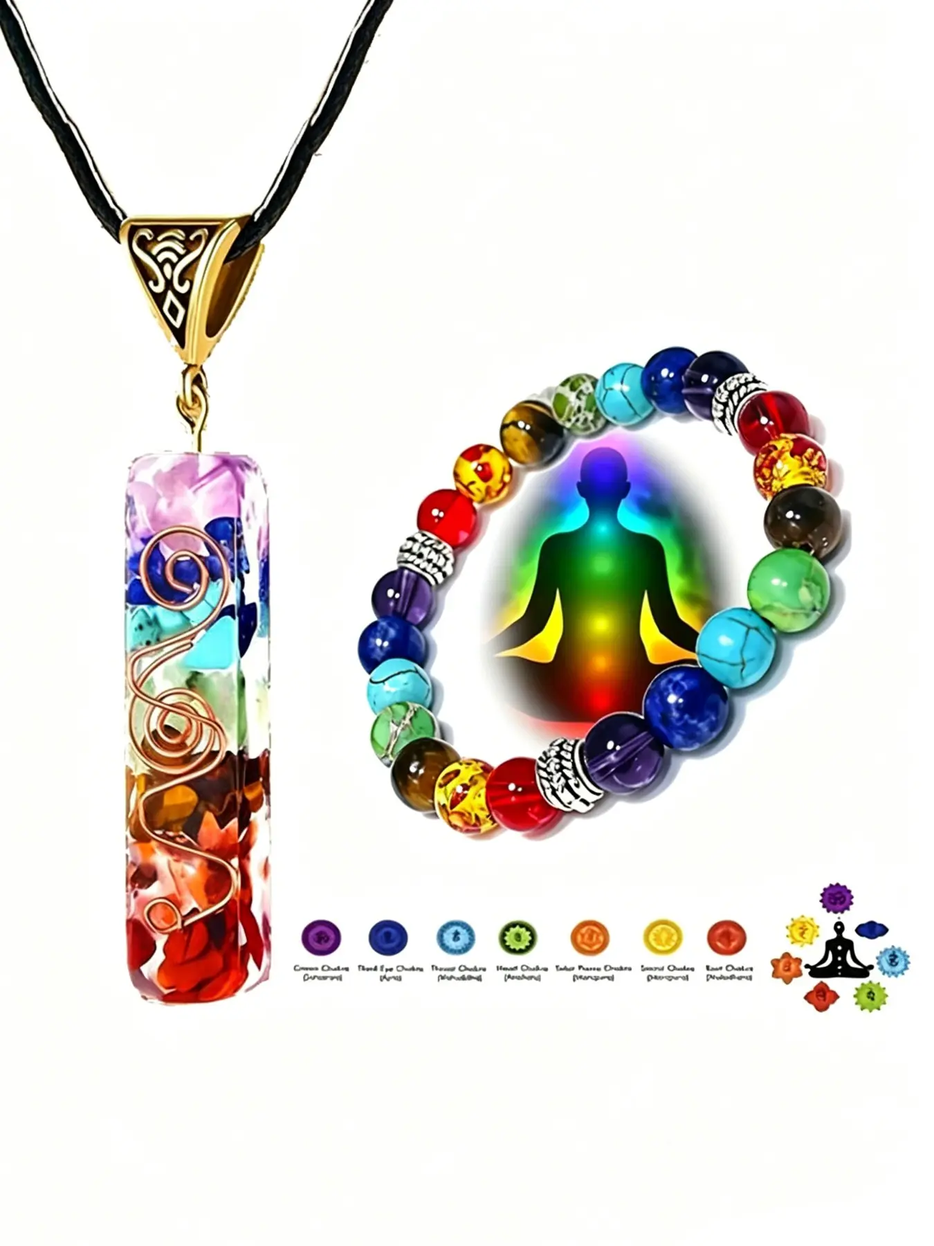 Chakra Energy Crystal Beaded Bracelet Necklace Set, Rainbow Crystal Pendant Yoga Meditation Necklace, Spiritual Gift, Unisex, Birthday Gift
