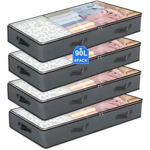 4 Pack Under Bed Storage, 90L Collapsible Closet Containers Organizers and Under Bed Storage Bins, Underbed Storage Bags for Wrapping Paper, Blanket, Towels, Clothes, Comforter, Sweaters, Linen Sheet