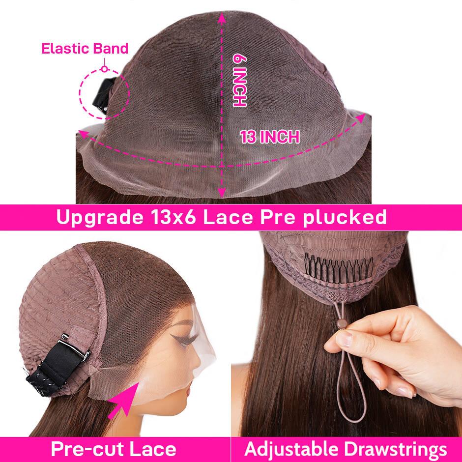 [-Blend Hair-]28inch YAWAWE Hair Chocolate Brown Blend Human Hair Lace Front Wigs Pre Plucked 13x6 Straight High Density Colored #4 Light Brown with Drawstring Effortless Install Ear to Ear Bone Straight 13x6 Lace Front Wig with Baby Hair