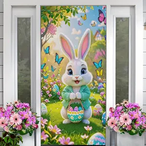 2D Door Canvas Cover with Easter Rabbit Design, Colorful Spring Theme for Entrance Decor, Perfect for Various Occasions, Decorative Banner, Indoor Backdrops, Outdoor Banners