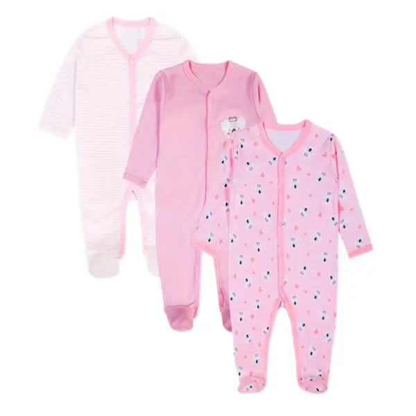 JY.COZY Baby Girls' Pink Pure Cotton Footie Sleepwear Set (3 Pack) - Cute Baby Clothing, Bear Design Sleep 'N Play Sleeper, Floral Print Sleepwear, Soft Gentle on Skin for 0-12 Months Newborns, Clothes