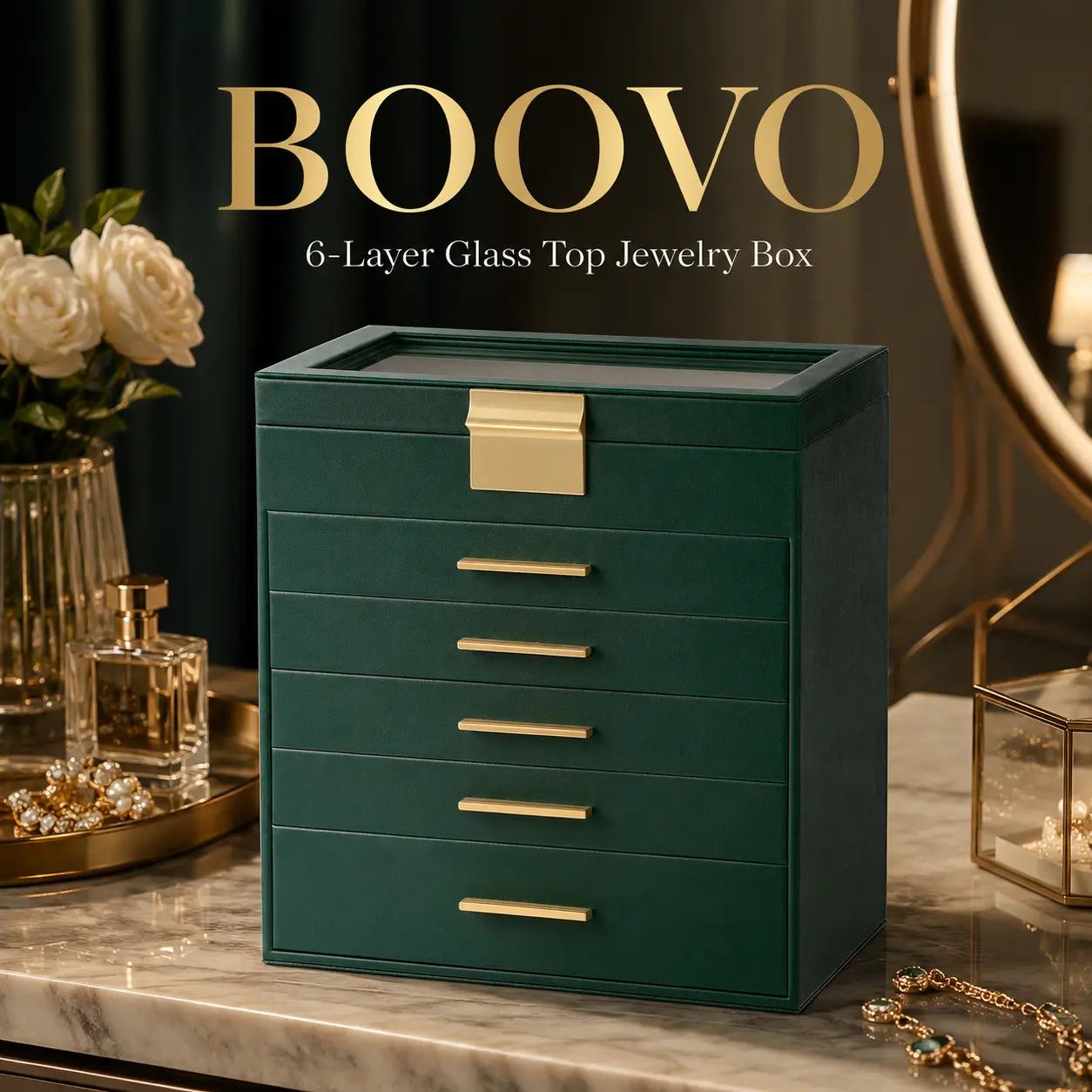 BOOVO（Green）6-Layer Large Jewelry Box Organizer with Mirror, Luxury White Leather Multi Compartment Storage Case for Necklaces, Rings, Earring, Bracelet, Watches. Elegant Dustproof Jewelry Tower, Premium Anniversary Birthday Gift Box for Women