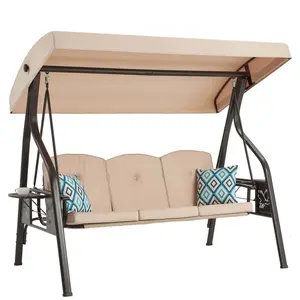 3-Seat Outdoor Canopy Porch Swing with Stand, 2-in-1 Convertible Patio Swing Bed, Heavy Duty Steel Frame, Includes 2 Pillows & Cup Holder