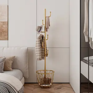 Vertical coat rack with wheels, modern entryway clothes rack with storage basket and 6 hooks, metal tree floor standing clothes rack for hallway, bedroom, living room