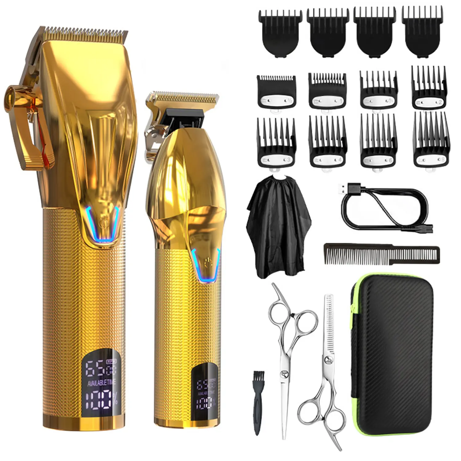 Professional Hair Salon Electric Hair Trimmer Set for Barbershops, Wireless with LED Display, USB Charger, Includes 12 Guide Combs Rechargeable Hair Clipper