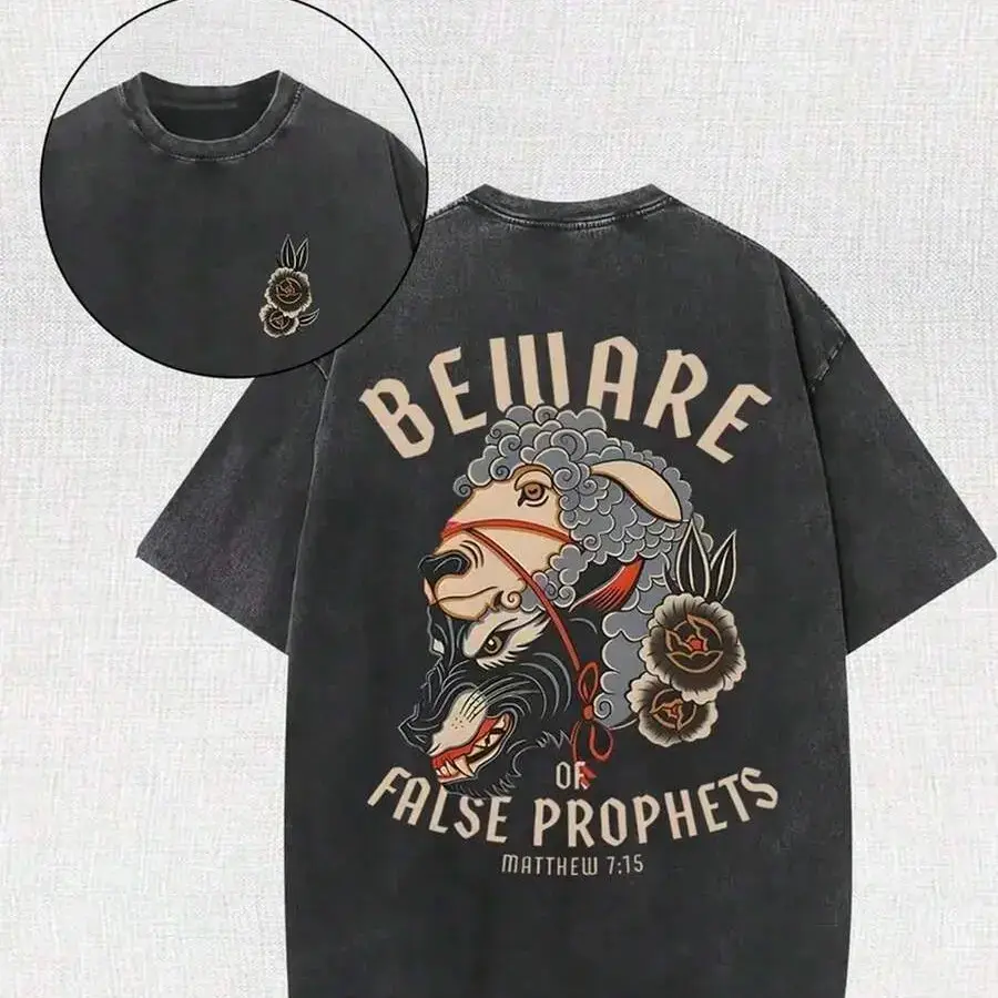 Men's Vintage Christian Aesthetic Baggy Short-Sleeve Print Tee - Washed Black Cotton Oversized T-Shirt, Beware of False Prophets Matthew 7:15, Retro Wolf In Sheep's Clothing Graphic Crewneck Tops,clothes for back to school,first day of school outfits
