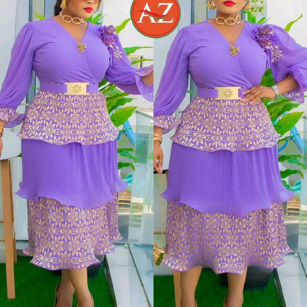 Short Gown Dress for Women - Purple Floral Pattern with Ruffled Hem and Belted Waist - Womenswear Tops