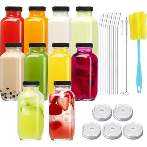 10pcs 16oz Glass Juice Bottles with Lids, Reusable Juice Containers Drinking Jars Water Cups with Brush, Glass Straws, Lids with Hole |     10pcs, with Lids, Reusable, Juice Containers, Drinking Jars, Water Cups