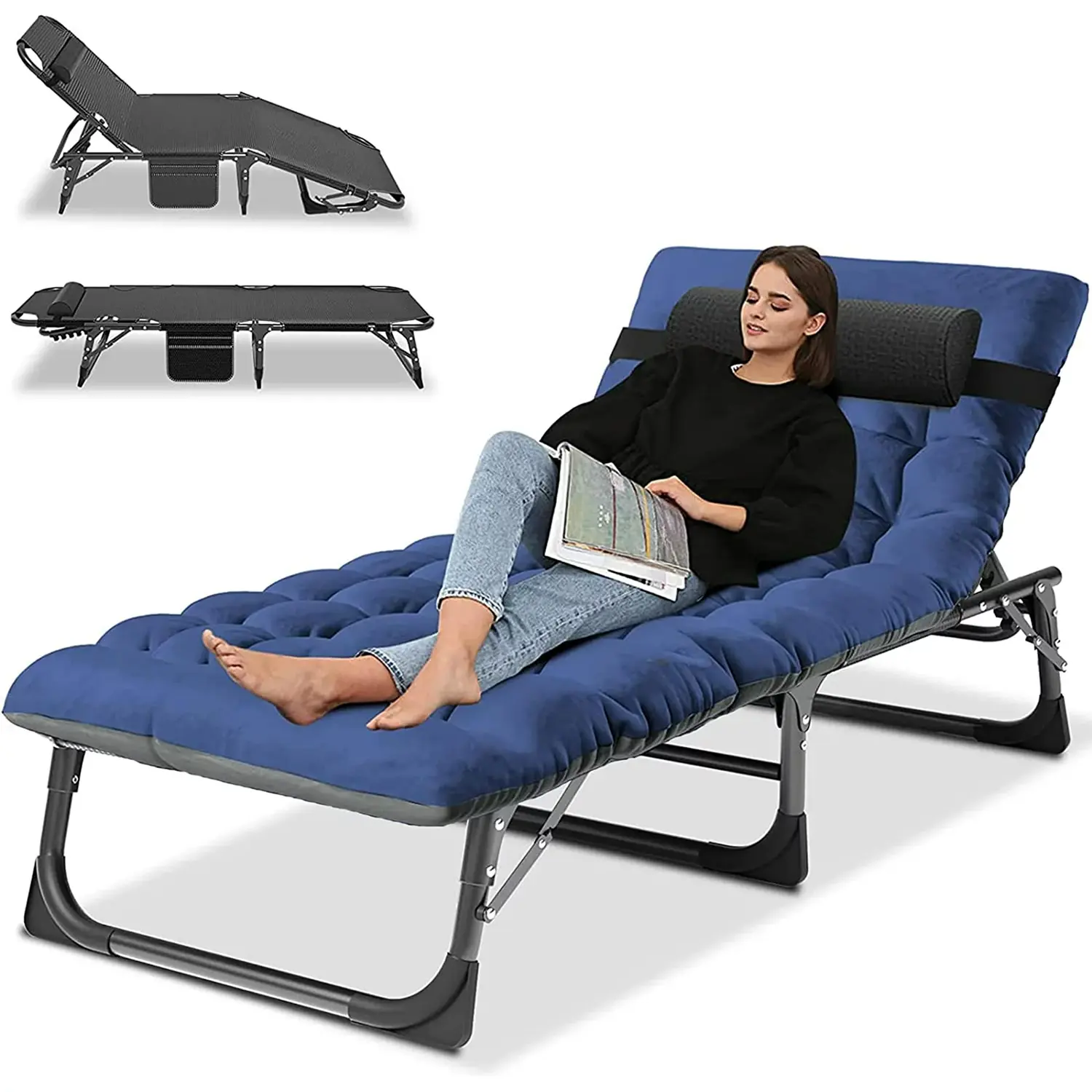SLSY Portable Folding Camping Cot Bed with 2 Sided Mattress & Pillow, Adjustable 5-Position Folding Lounge Chair, Folding Cot Bed