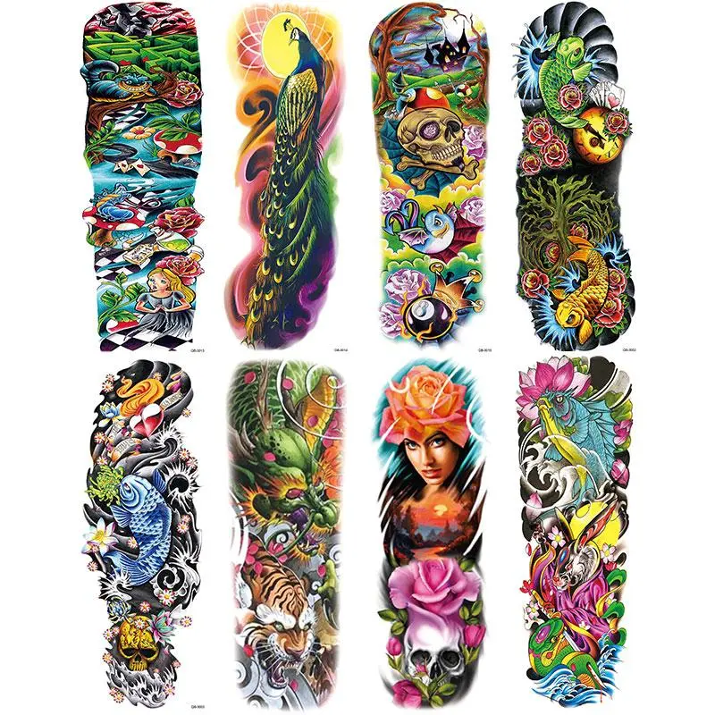 8-Piece Colorful Temporary Tattoo Set, Realistic Waterproof Koi Peacock Flower Body Art Stickers, Perfect for Men and Women, Waterproof Temporary Tattoos, Fake Tattoos