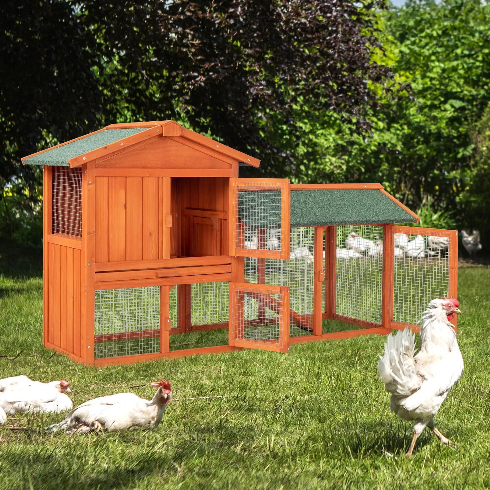 Wooden Rabbit Hutch Outdoor Chicken Coop Indoor Bunny Cage with Run, Guinea Pig House Pet House with Pull Out Upper Tray, Orange