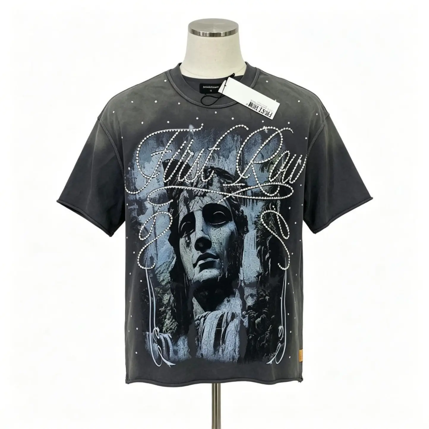 FIRST ROW Rhinestone Diamond Cropped T-Shirt Vintage Washed Oversized Streetwear Tee Men's Y2K Aesthetic Hip Hop Cotton Crew Neck Short Sleeve Summer Casual Urban Top tiktokshopbacktoschool