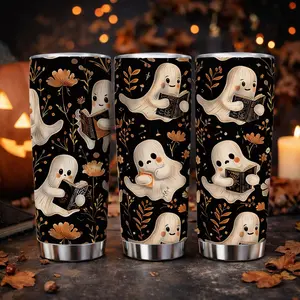 AuraCup 20oz Insulated Traveler Tumbler with Lid, Drinkware Stylish Flasks, Stainless Steel Vacuum Travel Cup, Ghost Reading Book Pattern Design, Reusable Hot and Cold Drink Mug for Coffee, Office, Halloween Aesthetic and Daily Use