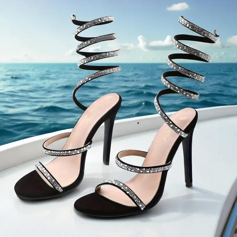 Women's Rhinestone Sandals - Sparkly Stiletto/Chunky Heels, Ankle Wrap Strappy Design, Braid Detail, Slip-On Option, PU Leather, Breathable, 4 Inches Heel Height Footwear
