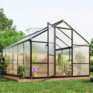 Gray 8×12 FT Greenhouse Large Walk in Greenhouses for Outdoors and Garden Planting Polycarbonate Greenhouse with Enhanced Aluminum Frame Quick Setup Structure Roof Vent