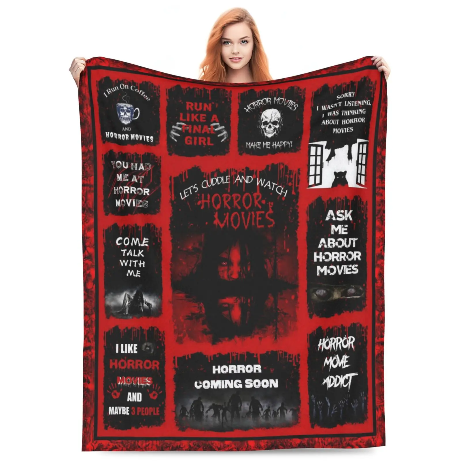 Horror Micro Fleece Blanket, Cozy Fuzzy Plush Throw Blanket for Indoor/Outdoor Bed Use, Machine Washable Camping Sleeping Gear Gift for Young Adults, Throw Blankets