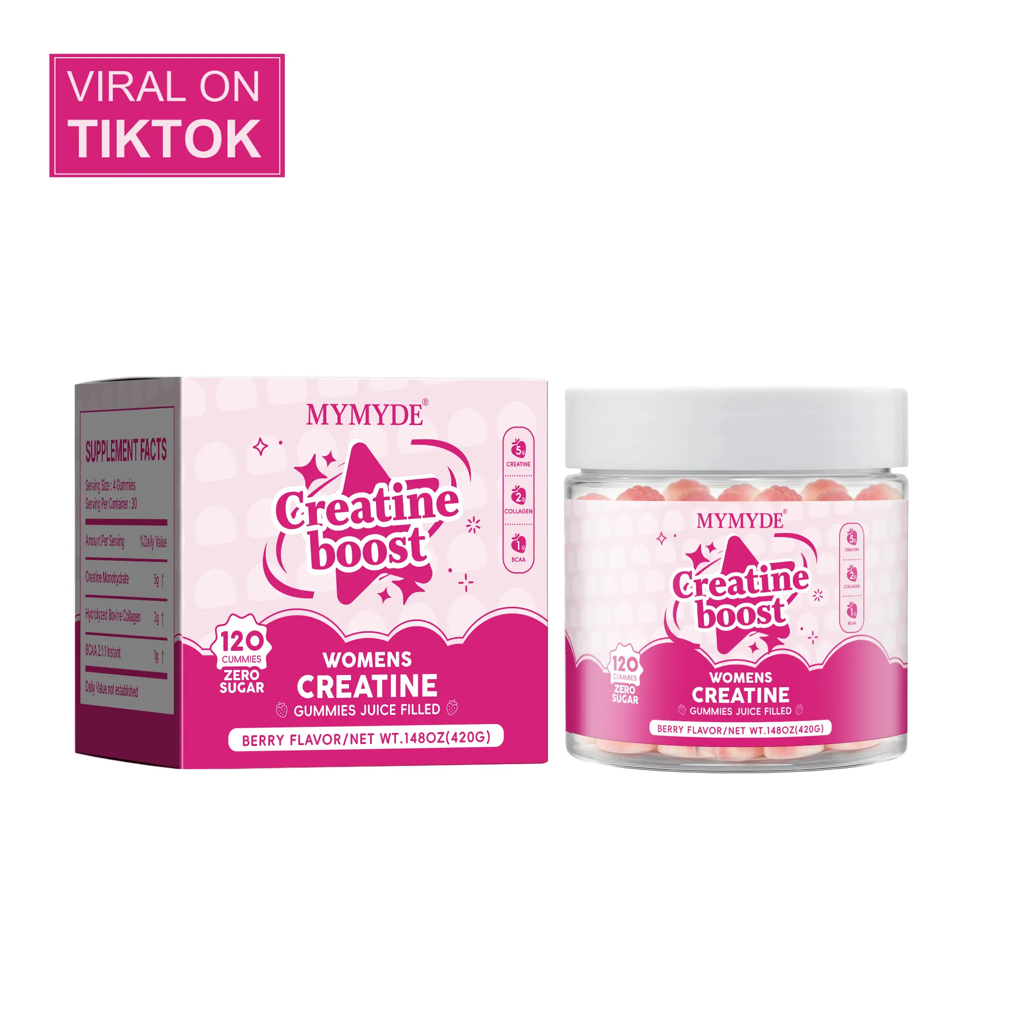 MYMYDE: Gominolas de creatina sin azúcar aptas tanto para hombres como para mujeres. Cada ración contiene 5 g de creatina, 2 g de colágeno y 1 g de aminoácidos de cadena ramificada. Gominolas con sabor a fruta. Cada caja contiene 120 unidades.
