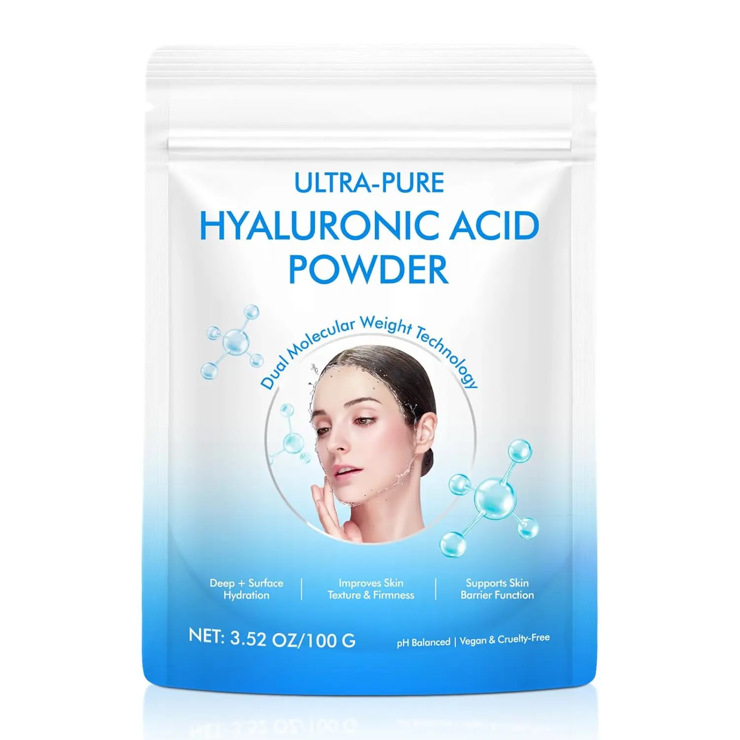 Pure Hyaluronic Acid Powder for Face & Joints, Dual Molecular Weight for Deep Hydration, Anti-Aging, DIY Serum Ingredient, Fragrance-Free, Vegan, 1 Scoop = 1 Bottle of Essence, 3.52 Oz