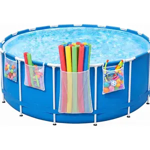Poolside Perfection! 4-Pack Poolside Mesh Storage Bags with Adjustable Straps, 1-Second Install Above Ground. Hanging Pool Organizer Bags for Toys, Pool Noodles, Floats, Beach Balls