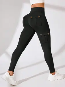 Women's Solid Color Flap Pocket Design High Waist Sports Leggings, High Stretch Comfy Breathable Butt Lifting Skinny Pants for Yoga Gym Workout Running, Sportswear for All Seasons, Breathable Sporty Bottoms