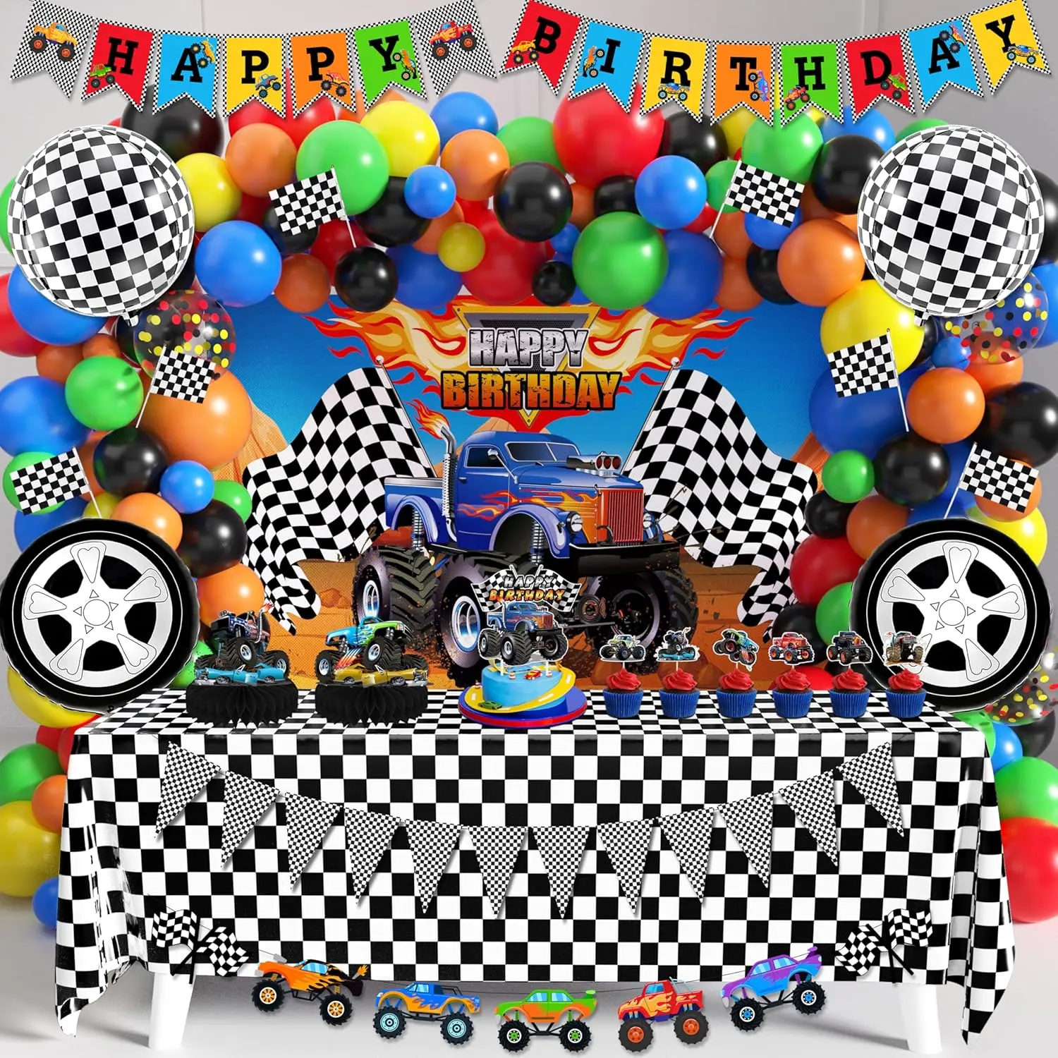 P-PSD01   Truck Birthday Party Supplies Truck Theme Party Decorations, 99 Pcs(Backdrop Tablecloth Banner Triangle Bunting Cake Toppers Foil Balloons Honeycomb Centerpieces Flags Balloon Garland Arch Kit) Aluminium Gifts, Set, 3 Balloon Tools