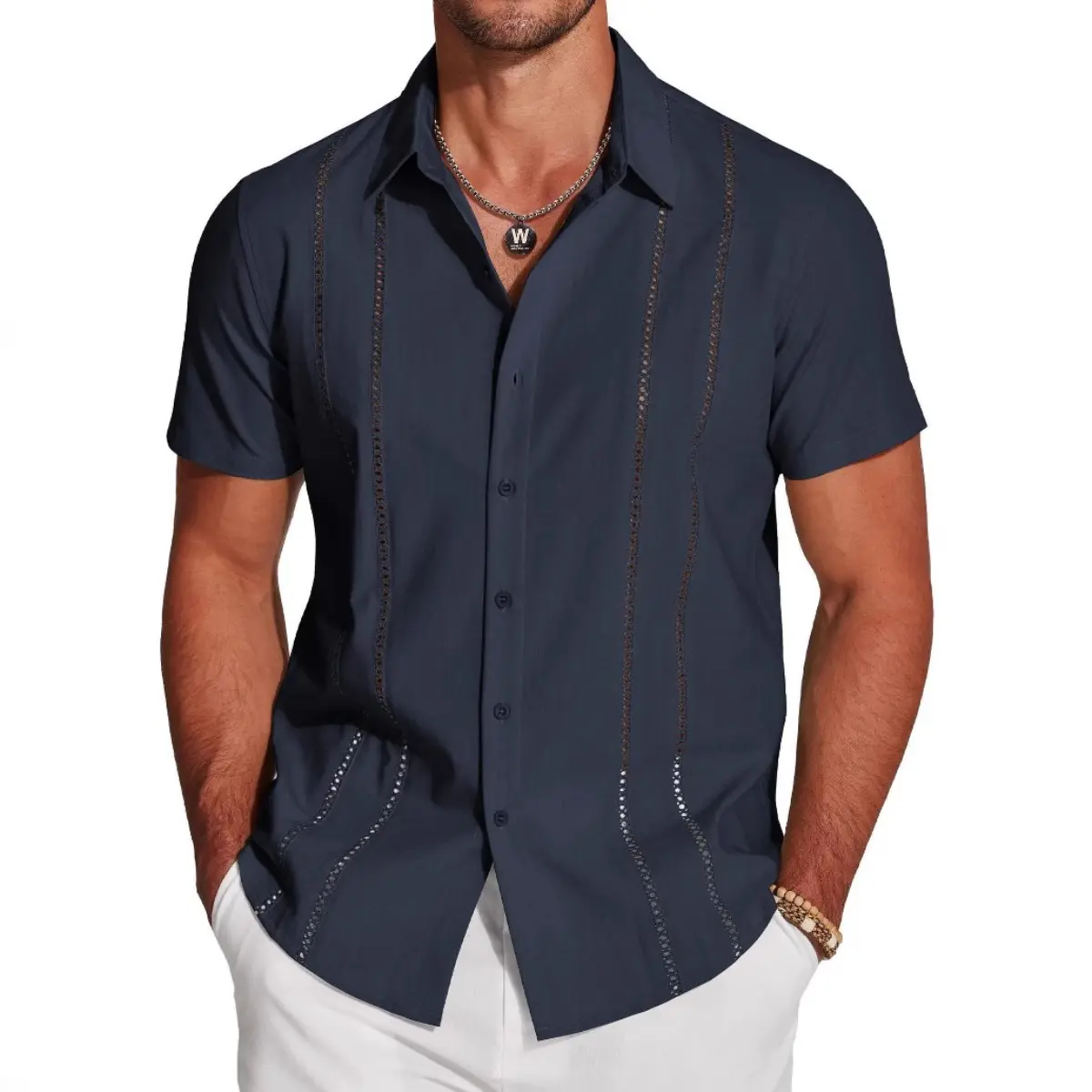 Mens Cuban Guayabera Short Sleeve Shirt Casual Summer Beach Tops Button Down Untucked Shirts