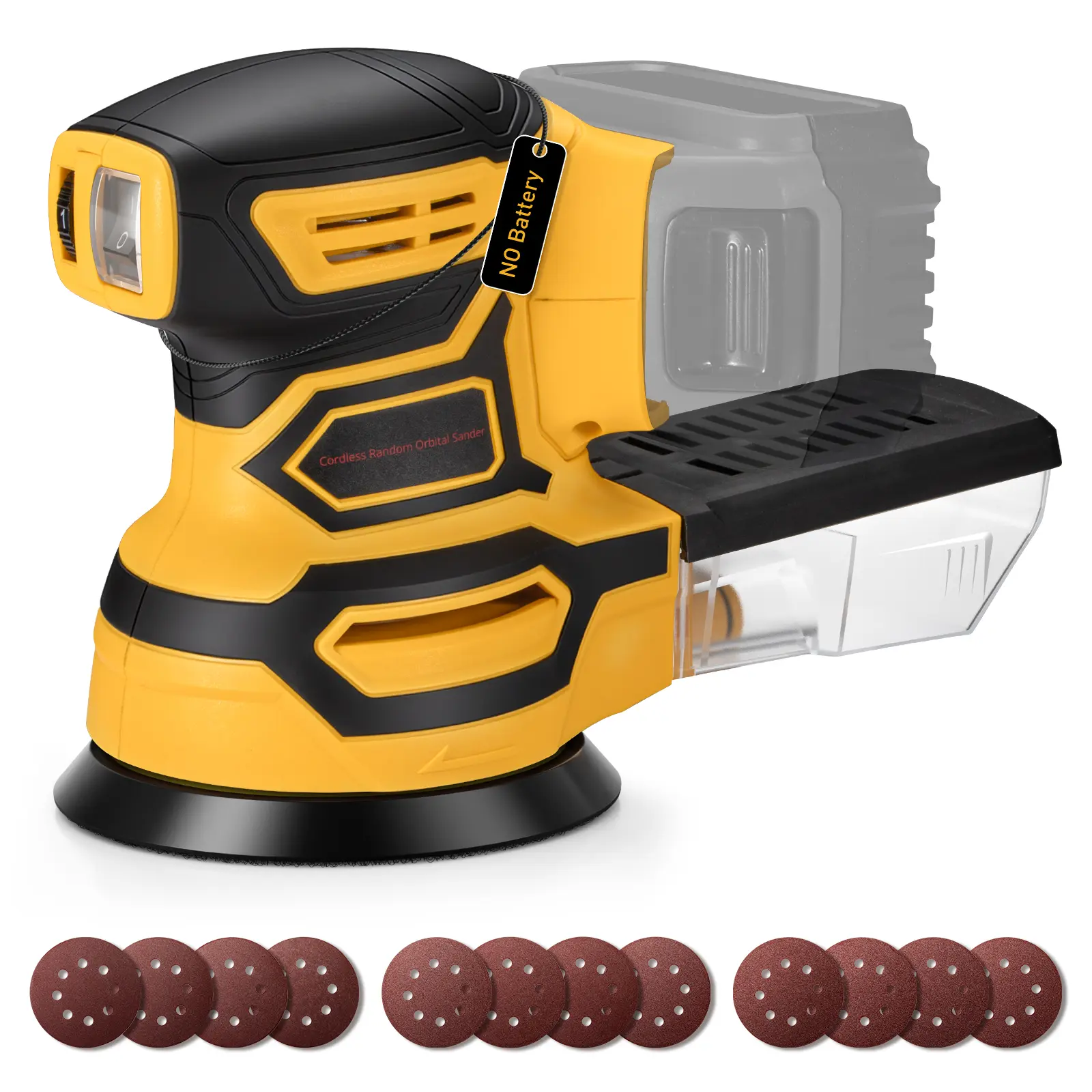 【No Battery】Cordless Random Orbital Sander, Brushless Electric Sander, 6-Speed (6000-12000 RPM), 5 inches Pad, Dust Collection, 12PCS Sandpapers (#80*4/#120*4/#240*4), Compatible with DEWALT 20V Battery for Wood, Metal Sanding & Paint Removal