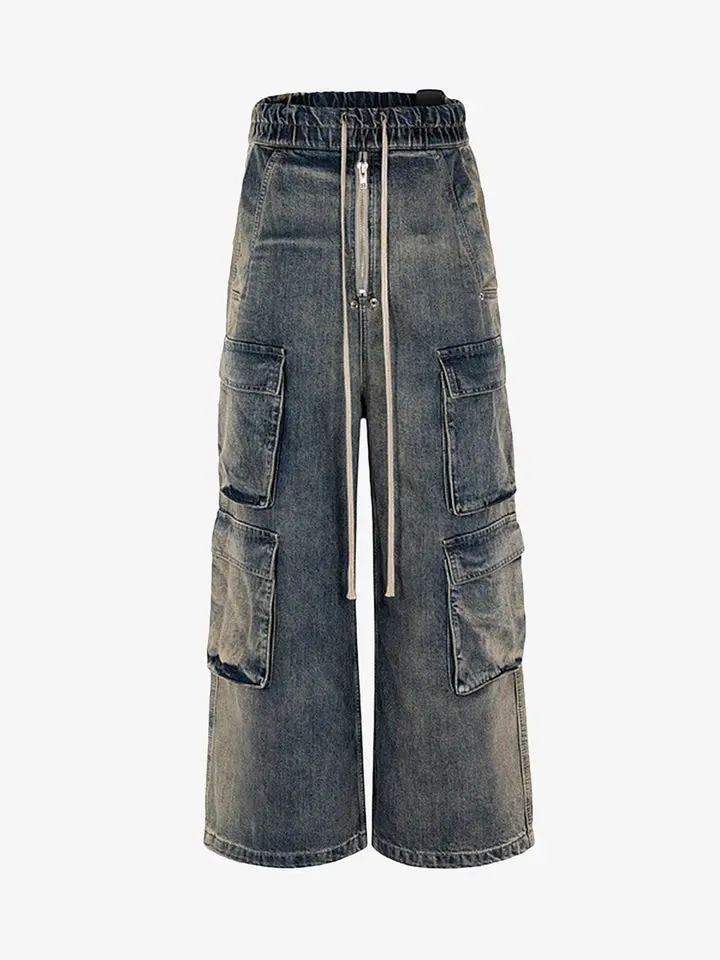 Thesupermade Wide Leg Multi-Pocket Loose Jeans | Drawstring Waist High-Rise Straight Denim Streetwear Pants Men