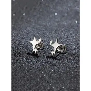 2pcs Unisex Fashionable Punk Stainless Steel Star Stud Earrings, Hiphop Star-Shaped Earrings
