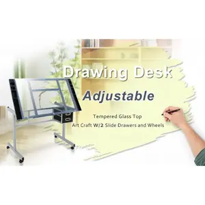 Adjustable Height Drawing Drafting Desk with Tempered Glass Top, Slide Drawers, Storage Compartment, Steel Frame for Arts & Crafts Projects