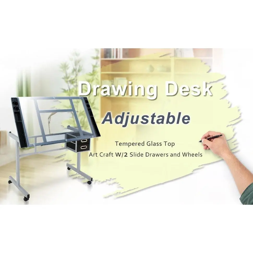 Adjustable Height Drawing Drafting Desk with Tempered Glass Top, Slide Drawers, Storage Compartment, Steel Frame, Adjustable Height Workbench for Arts & Crafts Projects