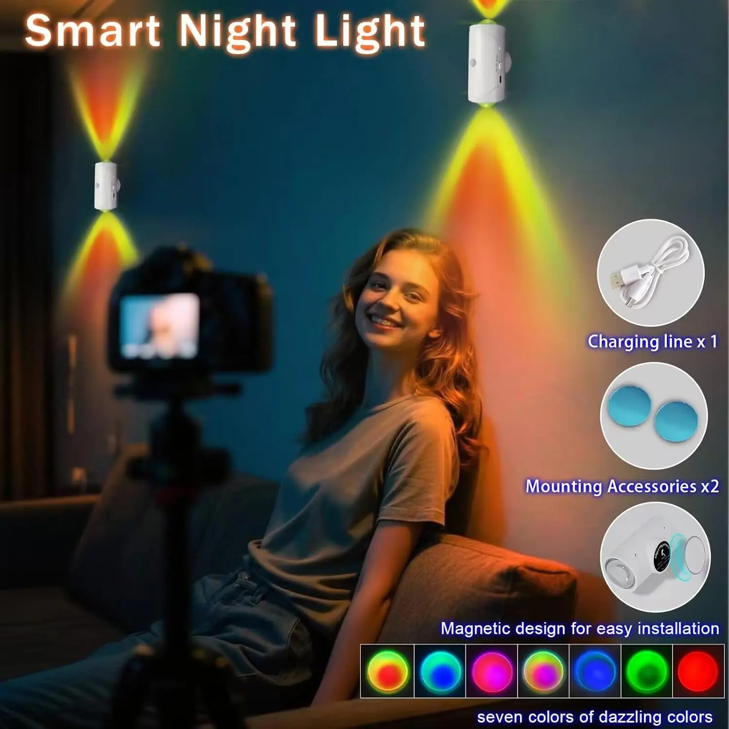 Smart Rechargeable LED Night Light with Motion Sensor – RGB Gradient Ambient Lighting,Motion Sensor Night Light Indoor，Dimmable Wall Lamp, Magnetic Installation Dimmable Lights for Kitchen,Wardrobe,Pantry, Closet,Bathroom,Stairs,Sink Cabinet,Garage