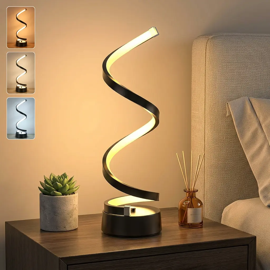 Set of 2 Modern Spiral LED Table Lamps - Black Dimmable 3 Color Temperature Bedside Lamps, Touch Control, Small Nightstand Lamp for Bedroom, Couple Bedroom Reading Decor - Perfect Housewarming Gift for New Home