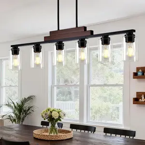 6-Light Linear Chandeliers, Farmhouse Dining Room Light Fixture Over Table, Pendant Lights Kitchen Island Lighting, Wood Ceiling Light Fixture with Clear Glass Shade(No Blubs)
