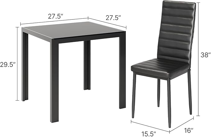 Gizoon 3 Piece Glass Dining Table Set, Kitchen and Chairs for 2, PU Leather Modern Room Sets for Home, Kitchen, Living Room