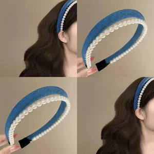 Women's 1 Pc Retro Denim Double-Layer Pearl Headband - Beaded, Pearl Logo, Shining - Luxe, Stylish Chic, Ideal for Updos, Autumn Winter Fashion Hair Accessory, Beaded Headbands, Pearl Logo Headbands